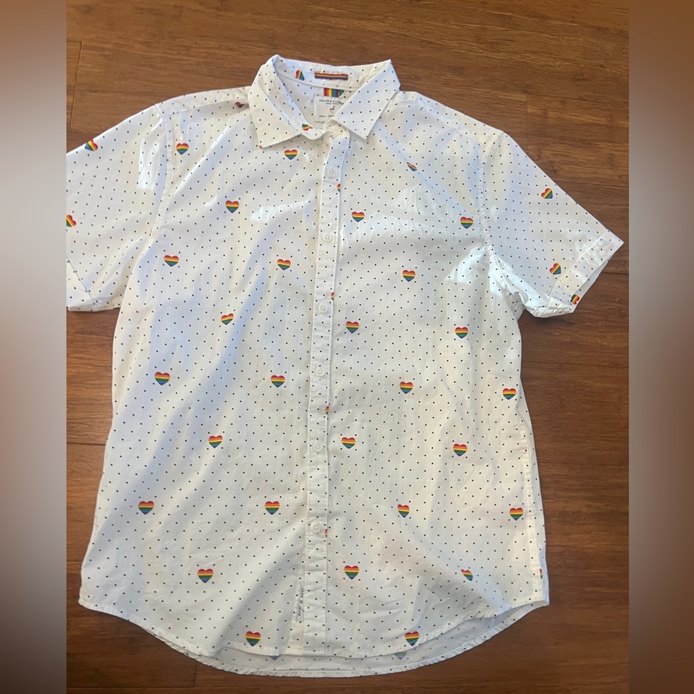 Denim and Flower Ricky Singh Rainbow Heart Polka Dot Short Sleeve Button Up